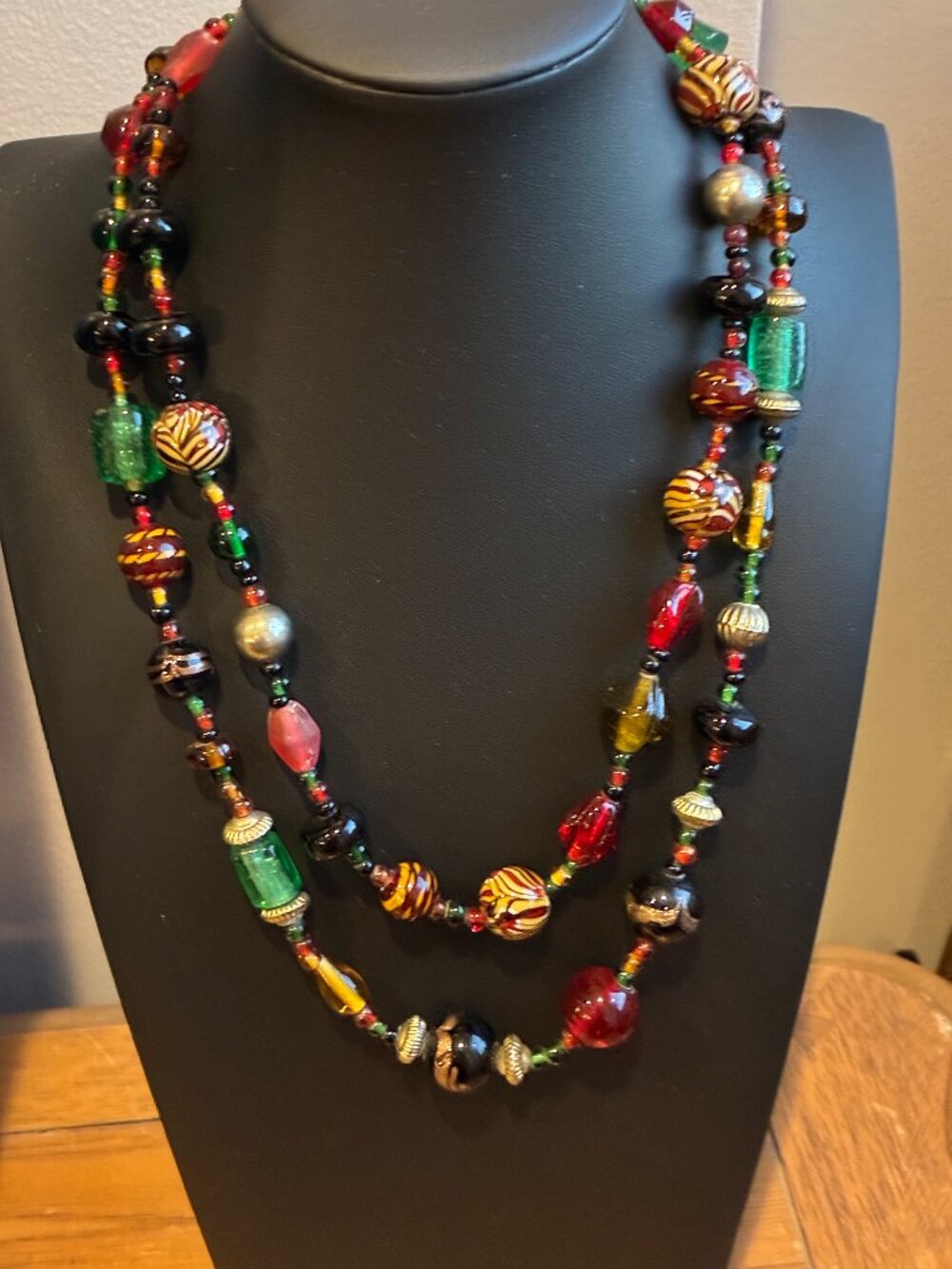 Talbots Double Strand Art Glass Bead Necklace Venetian Style Fall Tones 18"